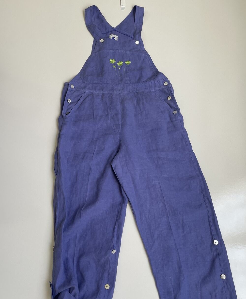 VINTAGE Rare Pictures by Johnny Was S Purple Linen Overalls Embroidered Buttons